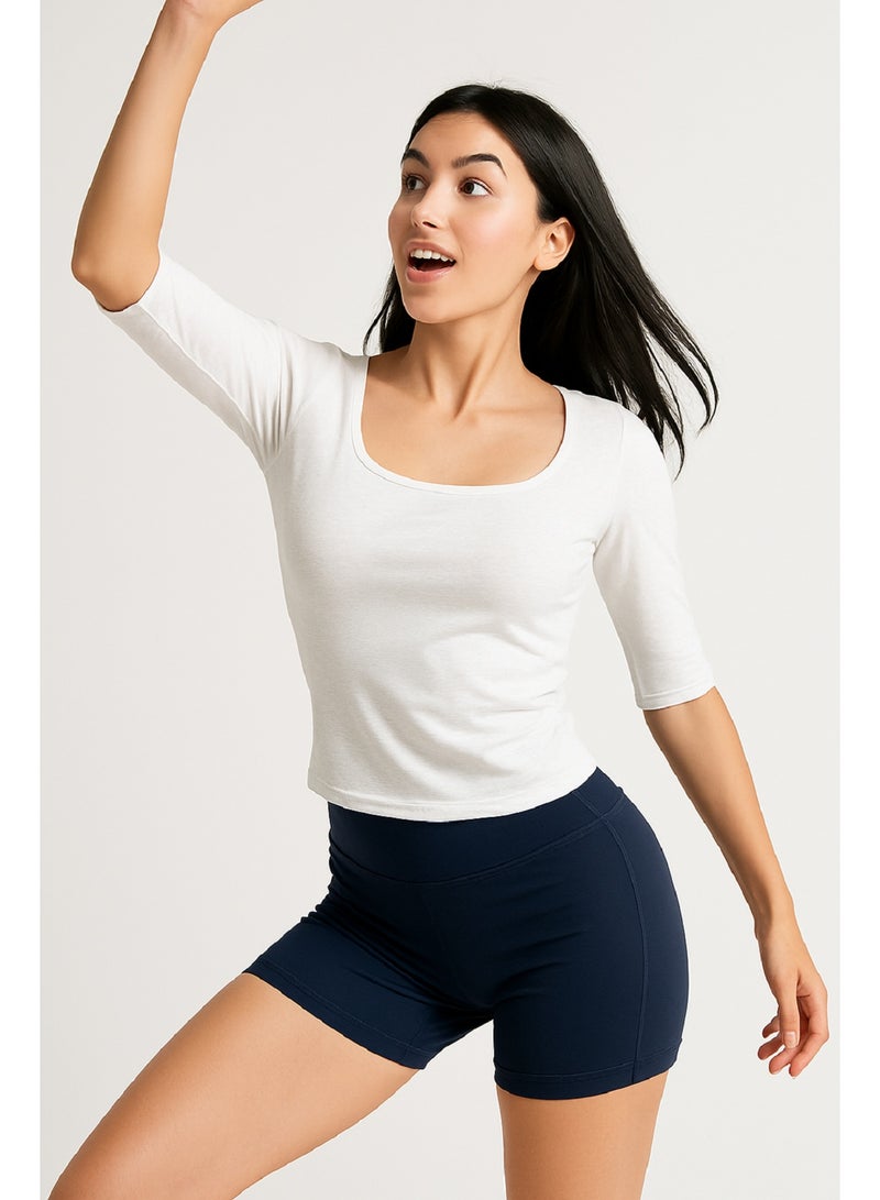 MANIKAN Square Neck Crop Top with 3/4 Sleeves and High-Cut Brief Set, Four-Way Stretch - Image 3