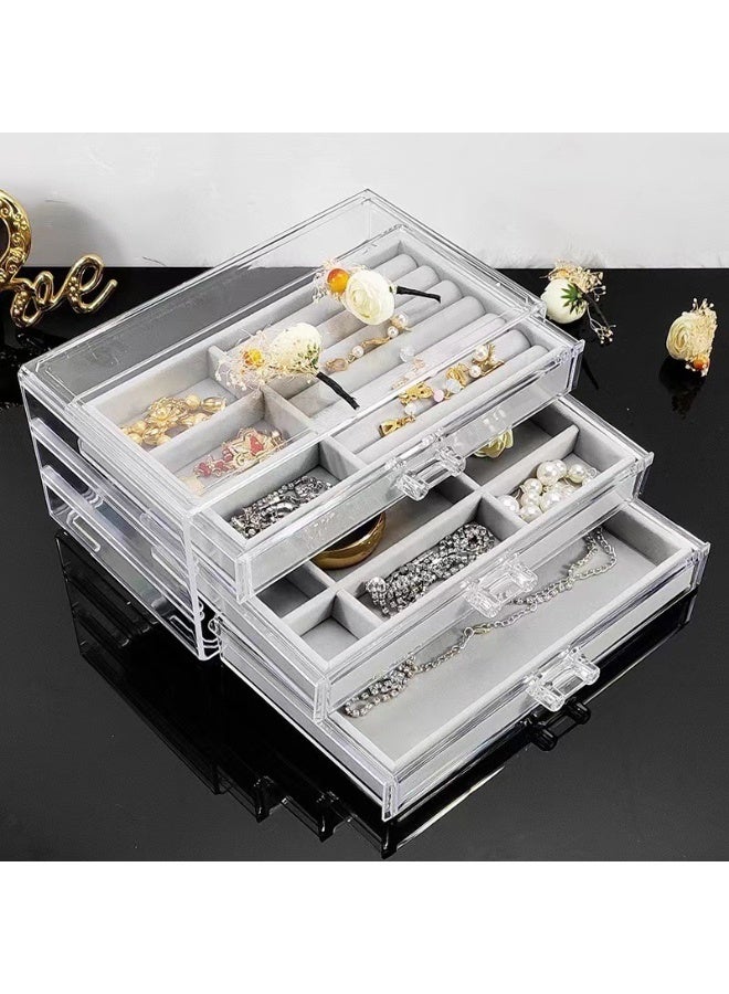 Soofam Acrylic Jewelry Box 3 Drawers, Velvet Jewelry Organizer, Earrings Necklace Bracelet Display Box for Ladies, Girls - Image 1