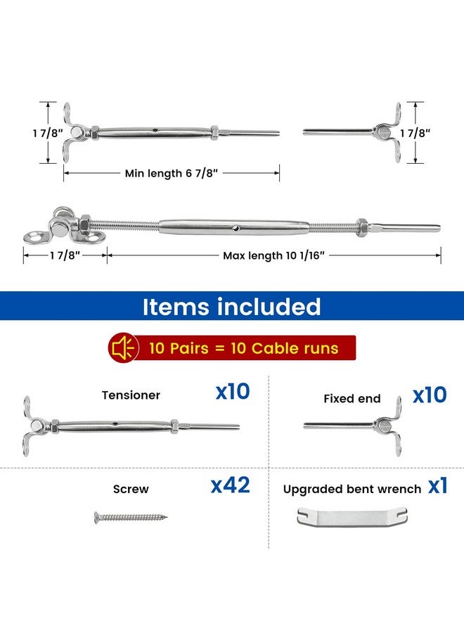 Muzata 10 Pairs 1/8" Cable Railing Hardware Kit Swage Toggle Turnbuckle for Wood Post T316 Stainless Steel Deck Cable Railing System Angle 180° Adjustable Stairs 20 Pack CK07 - Image 1