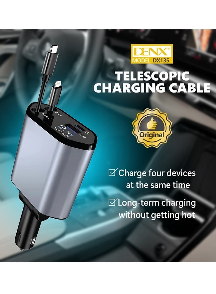 Denx 4 in 1 Retractable Car Charger 18W Compatible with Android and IOS Devices Fast Car Power Adapter 80cm Type C Cables 18W USB Output and Display - Image 4