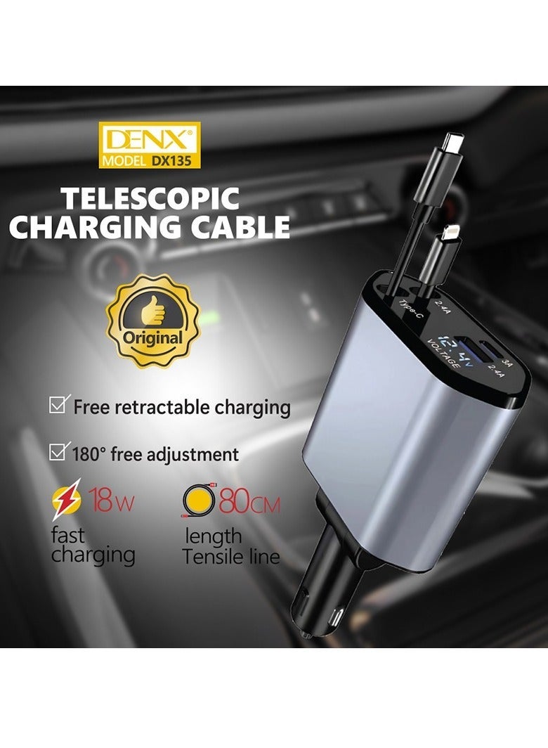 Denx 4 in 1 Retractable Car Charger 18W Compatible with Android and IOS Devices Fast Car Power Adapter 80cm Type C Cables 18W USB Output and Display - Image 5