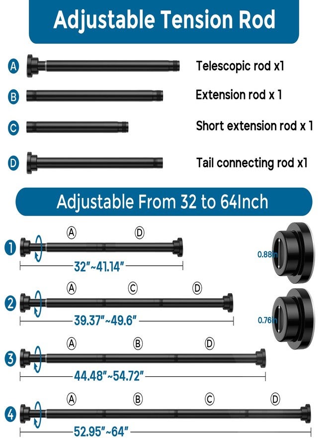 AIZESI 2Pack Spring Tension Rod 32-64 Inch Tension Curtain Rods Adjustable Black Shower Rod No Drilling for Window, Doorway, Closet, Bathroom, Kitchen - Image 2
