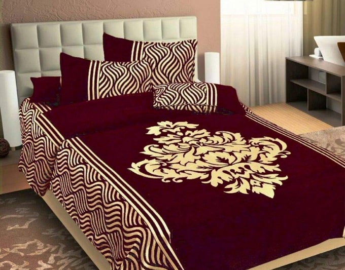 CHENILLE VELVET FLORAL 500 TC HEAVY BEDSHEET FOR DOUBLE BED KING SIZE 90 X 100 INCH MAROON COLOR WITH 2 PILLOW COVERS