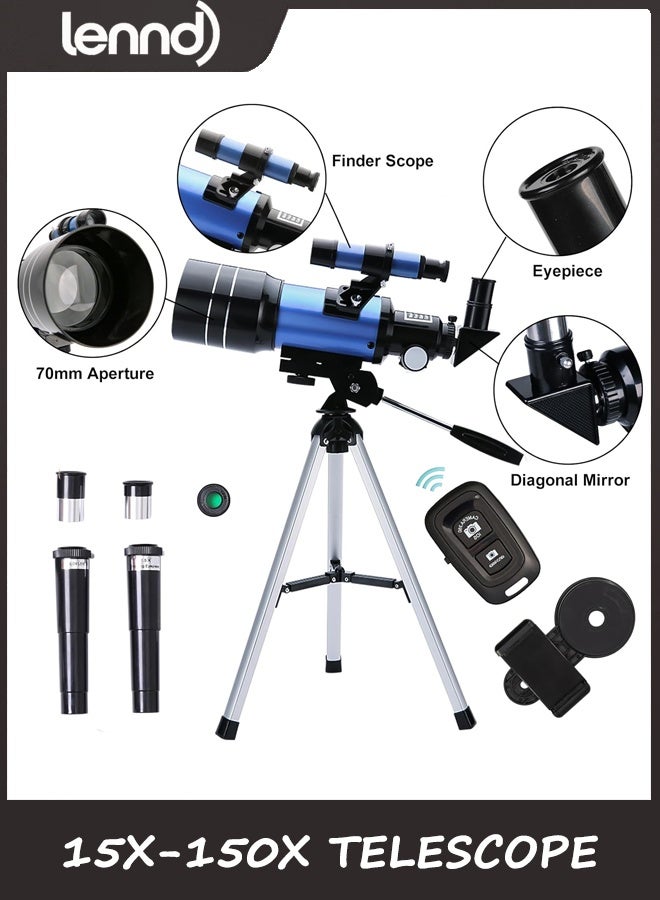 لينند تلسكوب LENND للبالغين والأطفال، فتحة عدسة 70 مم (15X-150X) تلسكوبات انكسار محمولة للمبتدئين في علم الفلك، تلسكوب سفر احترافي 300 مم مع محول هاتف ذكي وجهاز تحكم عن بعد لاسلكي - Image 1