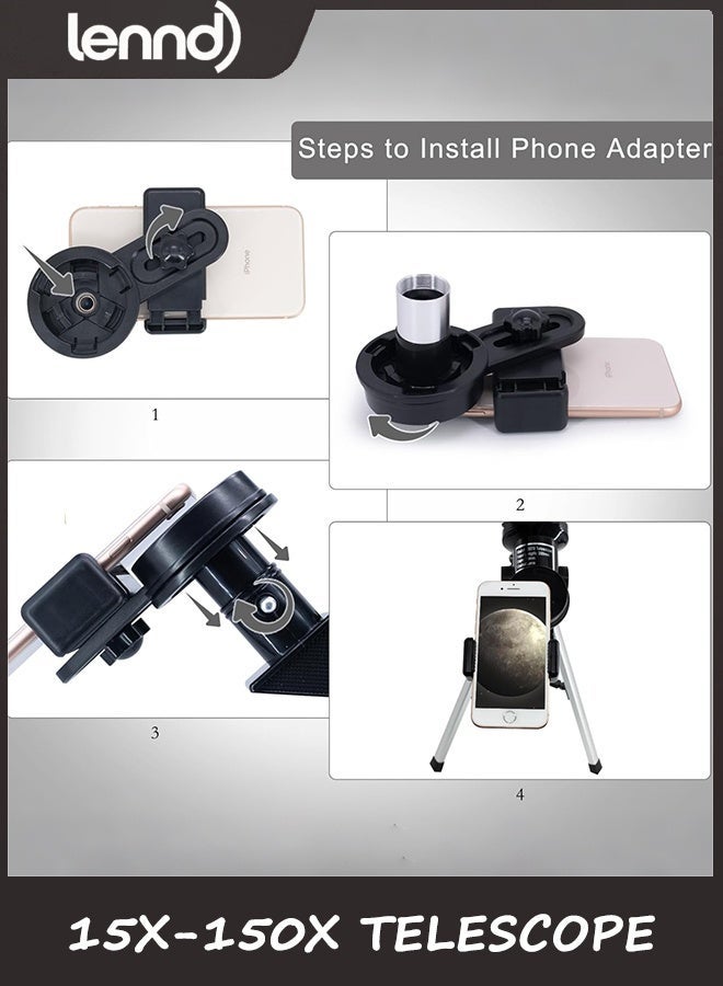 لينند تلسكوب LENND للبالغين والأطفال، فتحة عدسة 70 مم (15X-150X) تلسكوبات انكسار محمولة للمبتدئين في علم الفلك، تلسكوب سفر احترافي 300 مم مع محول هاتف ذكي وجهاز تحكم عن بعد لاسلكي - Image 3