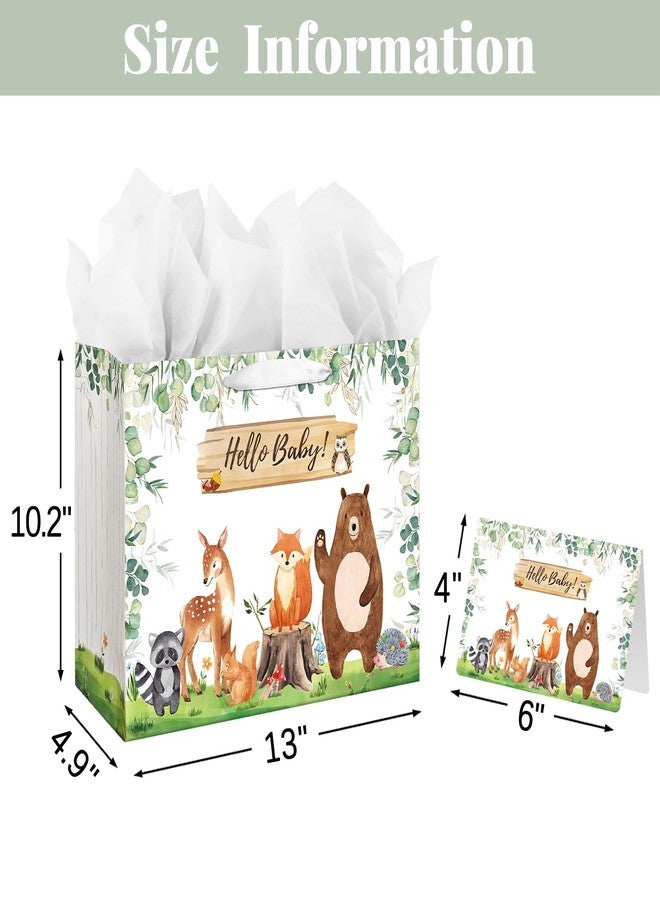 Laidans 13" Large Baby Boy Girl Gift Bag for Baby Shower or Birthday with Handle, Tissue Paper and Greeting Card (Woodland Animals Design) (Large Sage Green) - Image 2