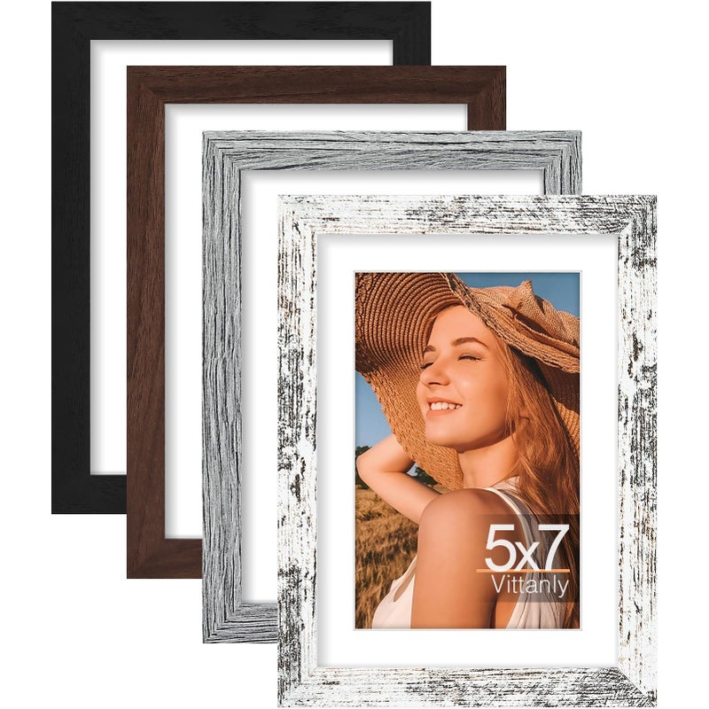 Vittanly 8x10 Picture Frame Set of 4 Display Pictures 5x7 with Mat or 8x10 without Mat Engineered Wood with Shatter Resistant Plexiglass Photo Frames for Wall or Tabletop Display Mixed Colors
