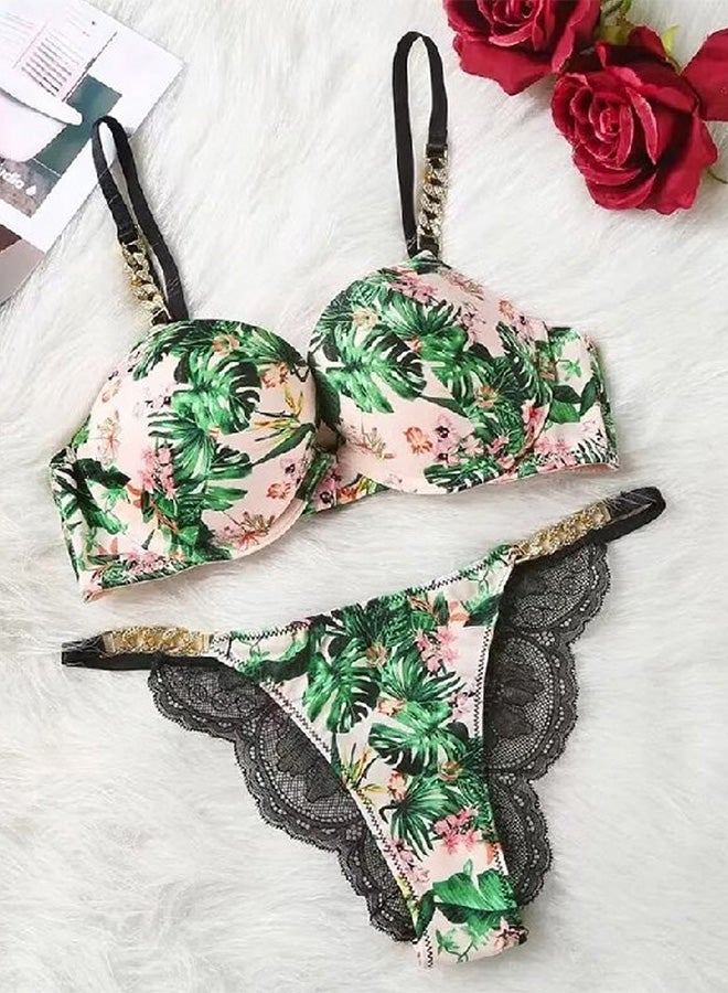 MARGOUN Women 38C Size Push Up Bra Set Soft Breathable Transparent Lace Panties Lingerie Suit Adjustable Women Underwear Green Print - Image 1
