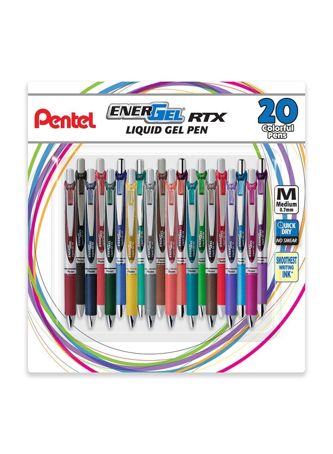 Pentel Energel Rtx Retractable Liquid Gel Pen, (0.7Mm), Medium Line, Metal Tip, Assorted Ink Colors, 20 Pack (Bl77Bp20M) - Image 1