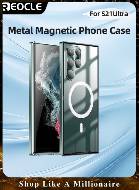 Samsung S21Ultra Mobile Phone Case Drop-Resistant Metal Shell Frosted Semi-Transparent Mobile Phone Case Full Protection Plating Anti-Scratch Slim Thin Case Cover with Magnetic Suction Function and Camera Lens Protector