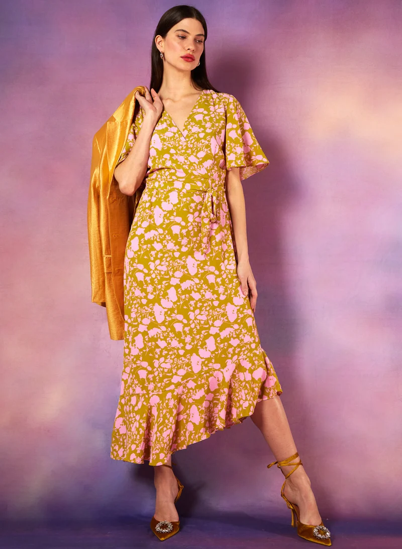 Blue Vanilla Ruffle Wrap Midi Dress