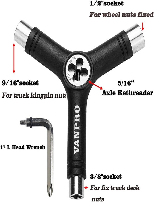 Vanpro All-In-One Skate Tools Multi-function Portable Skateboard T Tool Accessory with T-type Allen Key and L-type Phillips Head Wrench Screwdriver (Black-Y) - Image 2