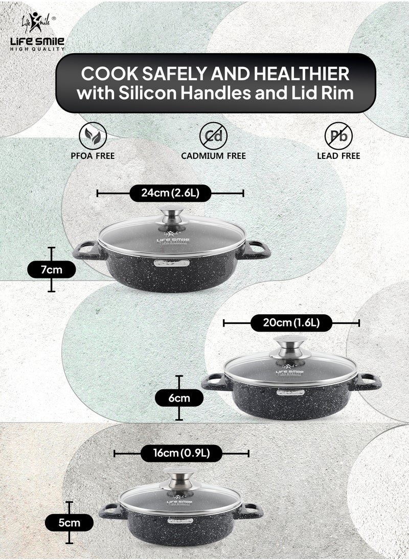 Life Smile LIFE SMILE Shallow Pots Set with Lid | 100% PFOA FREE | Non Stick Granite Coating Frying Pans set | Oven Safe | Double Handle (Black (Induction Base), 16/20/24 CM)  - Image 4