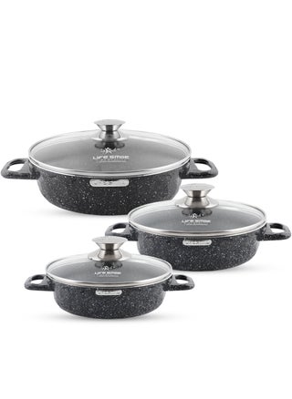 LIFE SMILE Shallow Pots Set with Lid | 100% PFOA FREE | Non Stick Granite Coating Frying Pans set | Oven Safe | Double Handle (Black (Induction Base), 16/20/24 CM) - pzsku/ZCB3FFB62152E30598830Z/45/_/1739789444/70885e60-2470-4d79-8506-c83b31c62721