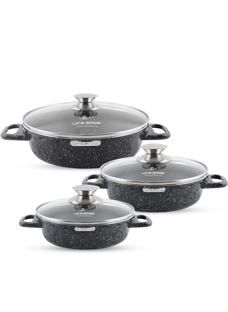 Life Smile LIFE SMILE Shallow Pots Set with Lid | 100% PFOA FREE | Non Stick Granite Coating Frying Pans set | Oven Safe | Double Handle (Black (Induction Base), 16/20/24 CM)  - Image 1