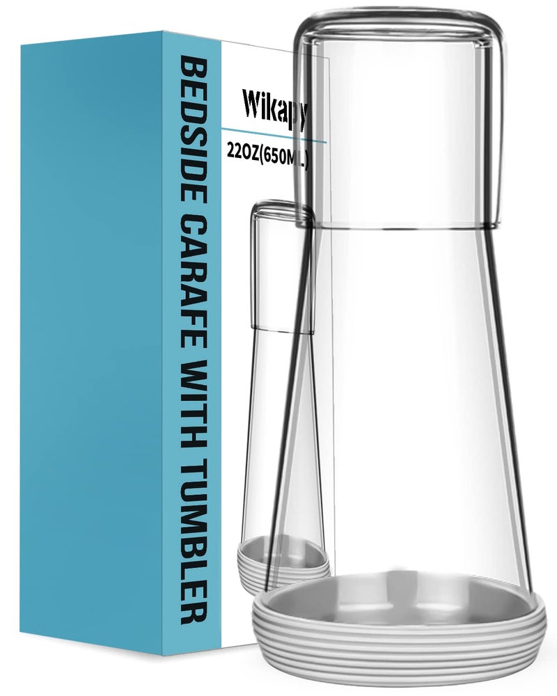 Wikapy Bedside Night Water Carafe Set with Tumbler Glass, Clear Nightstand Carafe with Silicone Coaster for Bedroom and Guest Room, Glass Mouthwash Decanter for Bathroom (22 OZ) - Image 1