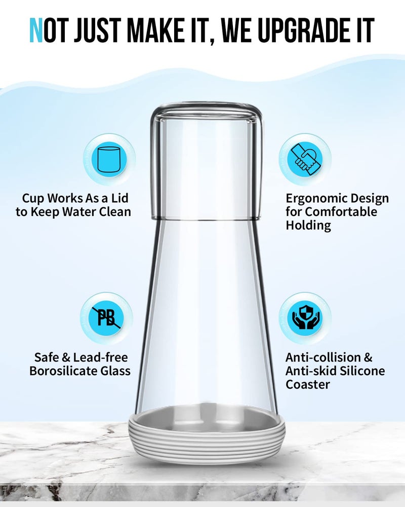 Wikapy Bedside Night Water Carafe Set with Tumbler Glass, Clear Nightstand Carafe with Silicone Coaster for Bedroom and Guest Room, Glass Mouthwash Decanter for Bathroom (22 OZ) - Image 2