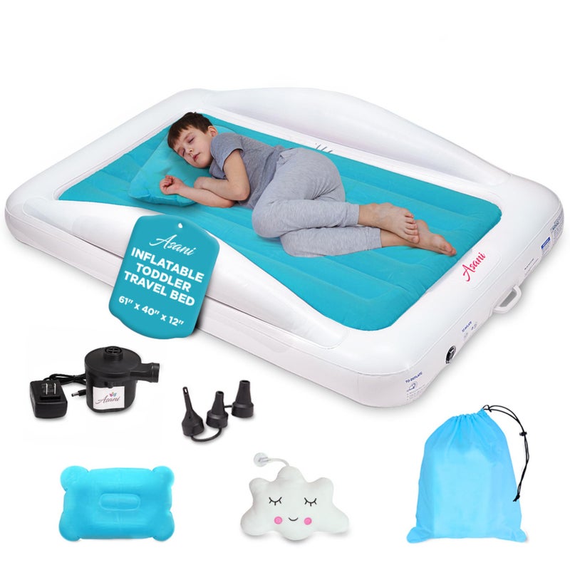 Asani Asani Inflatable Toddler Travel Bed Electric Pump Leakproof Air Mattress Bumpers Carry Case Pillow  Fits Kids Up to 4ft  Blue  Portable Foldable Ideal for Camping  Sleepovers
