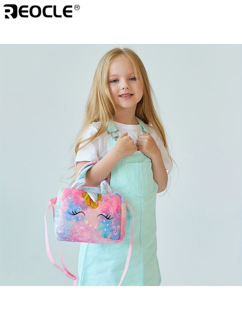 REOCLE Girl's Cartoon Unicorn Messenger or Hand-Held Bag Equipped with Adjustable Shoulder Straps and Hand Straps Easy Zipper Closure PP Cotton Filling Perfect for Birthday Presents - Image 2