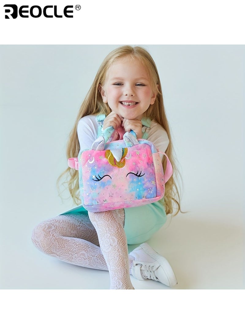 REOCLE Girl's Cartoon Unicorn Messenger or Hand-Held Bag Equipped with Adjustable Shoulder Straps and Hand Straps Easy Zipper Closure PP Cotton Filling Perfect for Birthday Presents - Image 3