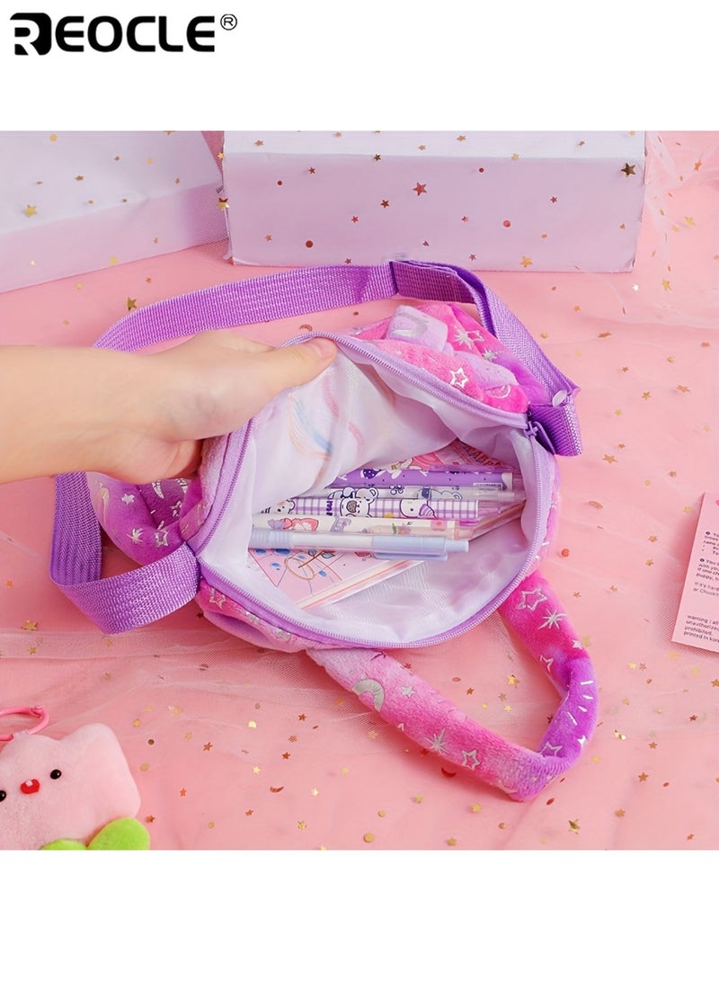 REOCLE Girl's Cartoon Unicorn Messenger or Hand-Held Bag Equipped with Adjustable Shoulder Straps and Hand Straps Easy Zipper Closure PP Cotton Filling Perfect for Birthday Presents - Image 5