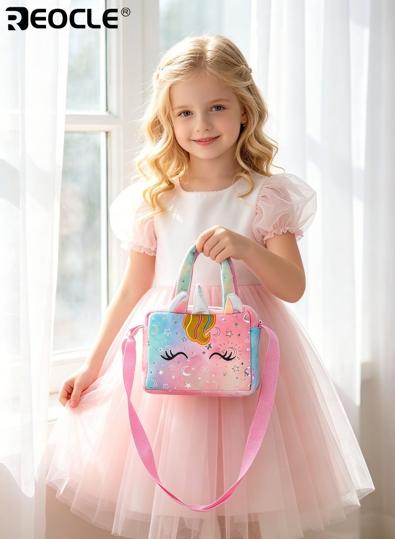 REOCLE Girl's Cartoon Unicorn Messenger or Hand-Held Bag Equipped with Adjustable Shoulder Straps and Hand Straps Easy Zipper Closure PP Cotton Filling Perfect for Birthday Presents - Image 5
