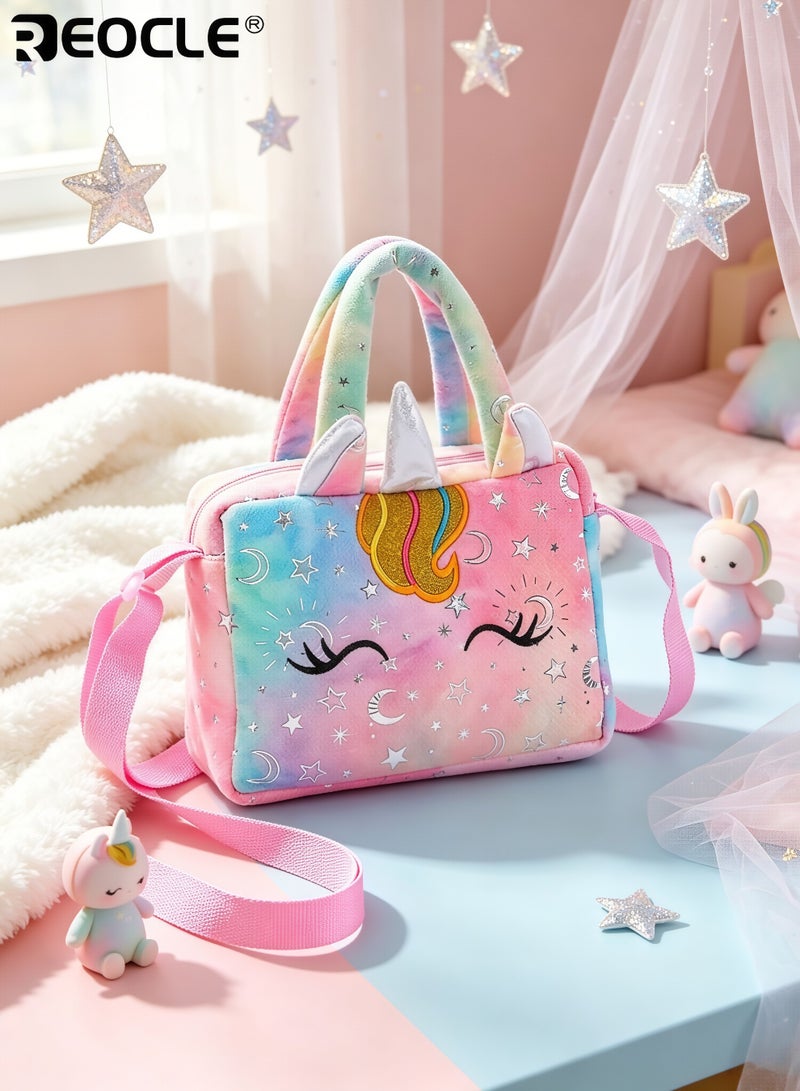 REOCLE Girl's Cartoon Unicorn Messenger or Hand-Held Bag Equipped with Adjustable Shoulder Straps and Hand Straps Easy Zipper Closure PP Cotton Filling Perfect for Birthday Presents - Image 3
