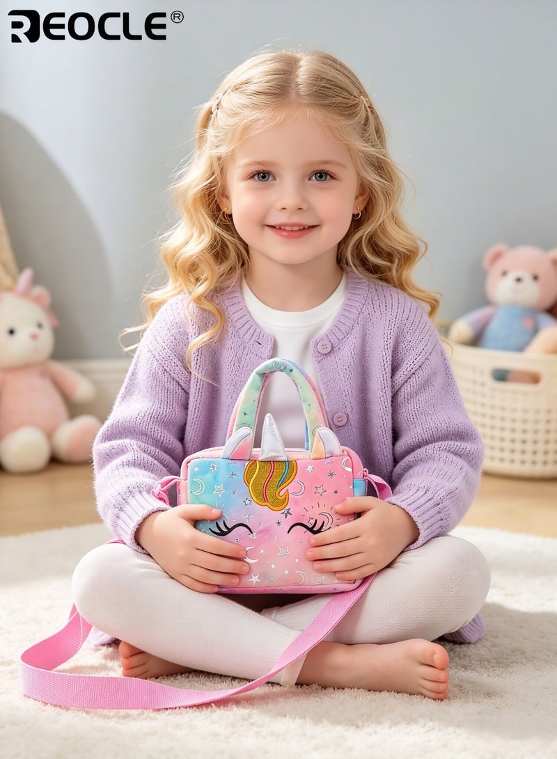 REOCLE Girl's Cartoon Unicorn Messenger or Hand-Held Bag Equipped with Adjustable Shoulder Straps and Hand Straps Easy Zipper Closure PP Cotton Filling Perfect for Birthday Presents - Image 4
