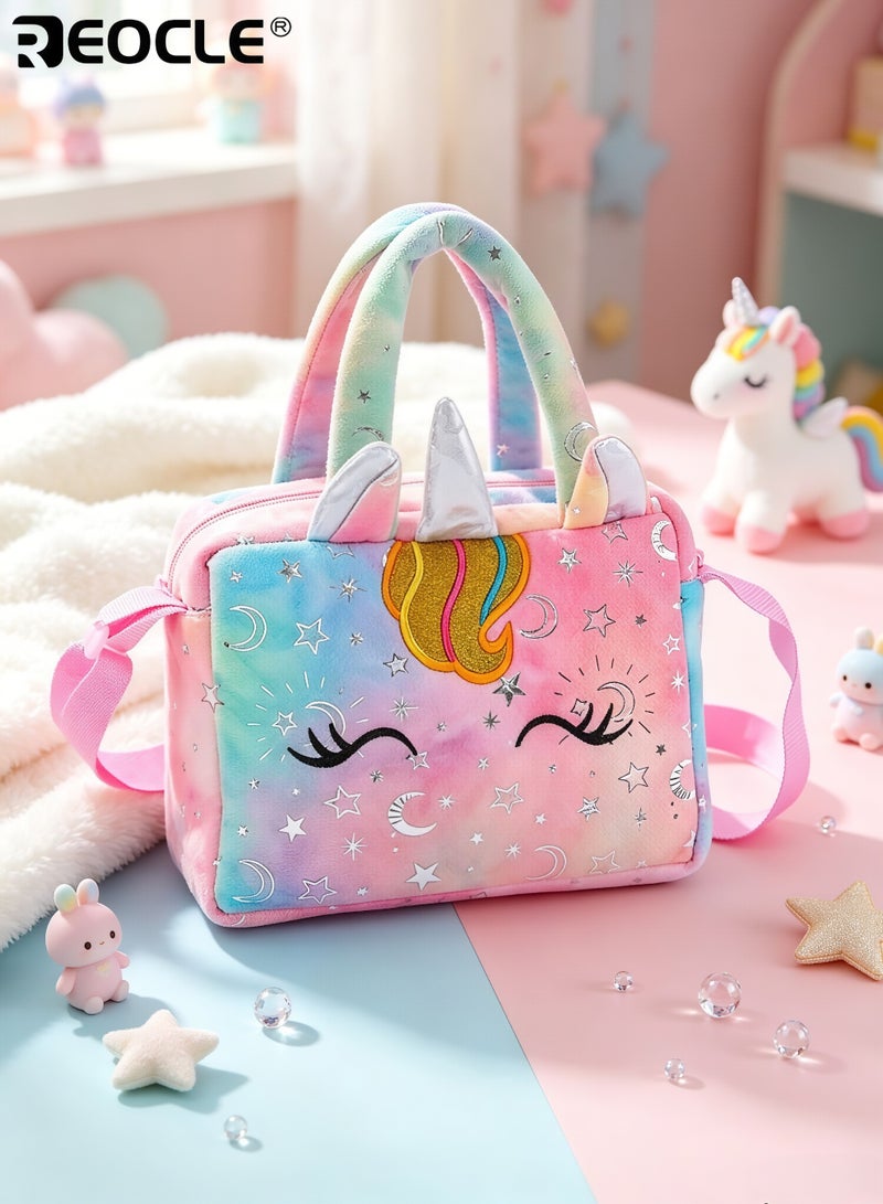 REOCLE Girl's Cartoon Unicorn Messenger or Hand-Held Bag Equipped with Adjustable Shoulder Straps and Hand Straps Easy Zipper Closure PP Cotton Filling Perfect for Birthday Presents - Image 2