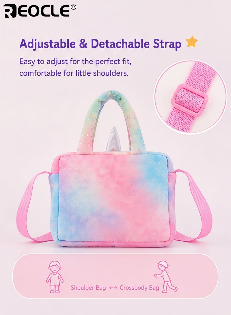REOCLE Girl's Cartoon Unicorn Messenger or Hand-Held Bag Equipped with Adjustable Shoulder Straps and Hand Straps Easy Zipper Closure PP Cotton Filling Perfect for Birthday Presents - Image 5