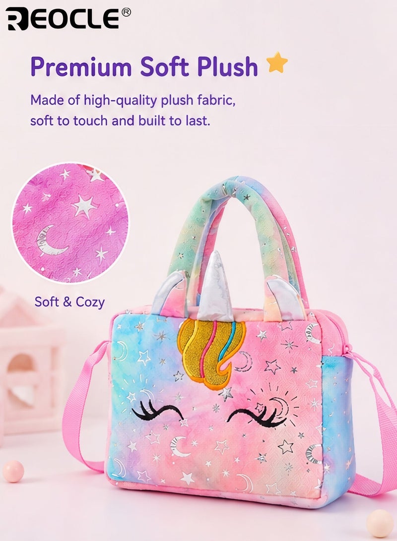 REOCLE Girl's Cartoon Unicorn Messenger or Hand-Held Bag Equipped with Adjustable Shoulder Straps and Hand Straps Easy Zipper Closure PP Cotton Filling Perfect for Birthday Presents - Image 4