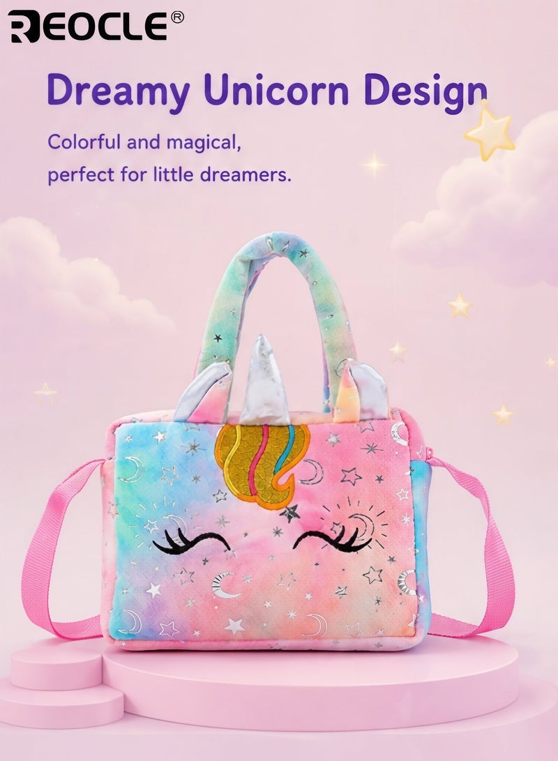 REOCLE Girl's Cartoon Unicorn Messenger or Hand-Held Bag Equipped with Adjustable Shoulder Straps and Hand Straps Easy Zipper Closure PP Cotton Filling Perfect for Birthday Presents - Image 2