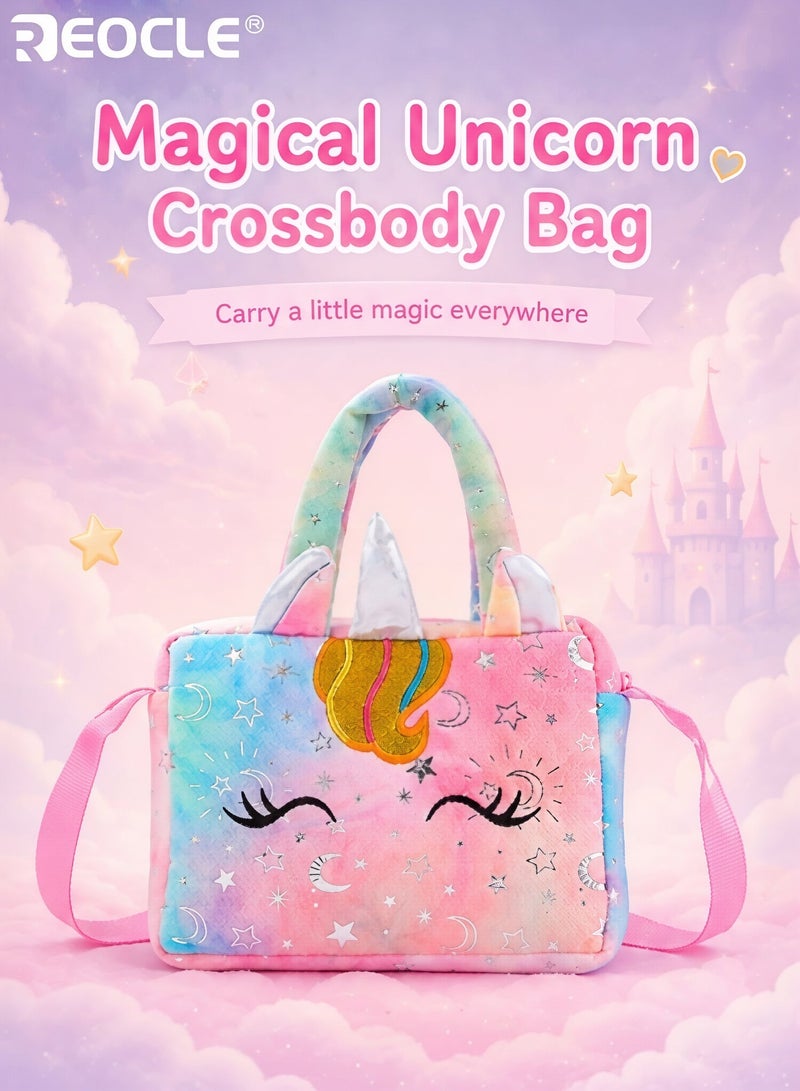 REOCLE Girl's Cartoon Unicorn Messenger or Hand-Held Bag Equipped with Adjustable Shoulder Straps and Hand Straps Easy Zipper Closure PP Cotton Filling Perfect for Birthday Presents - Image 1