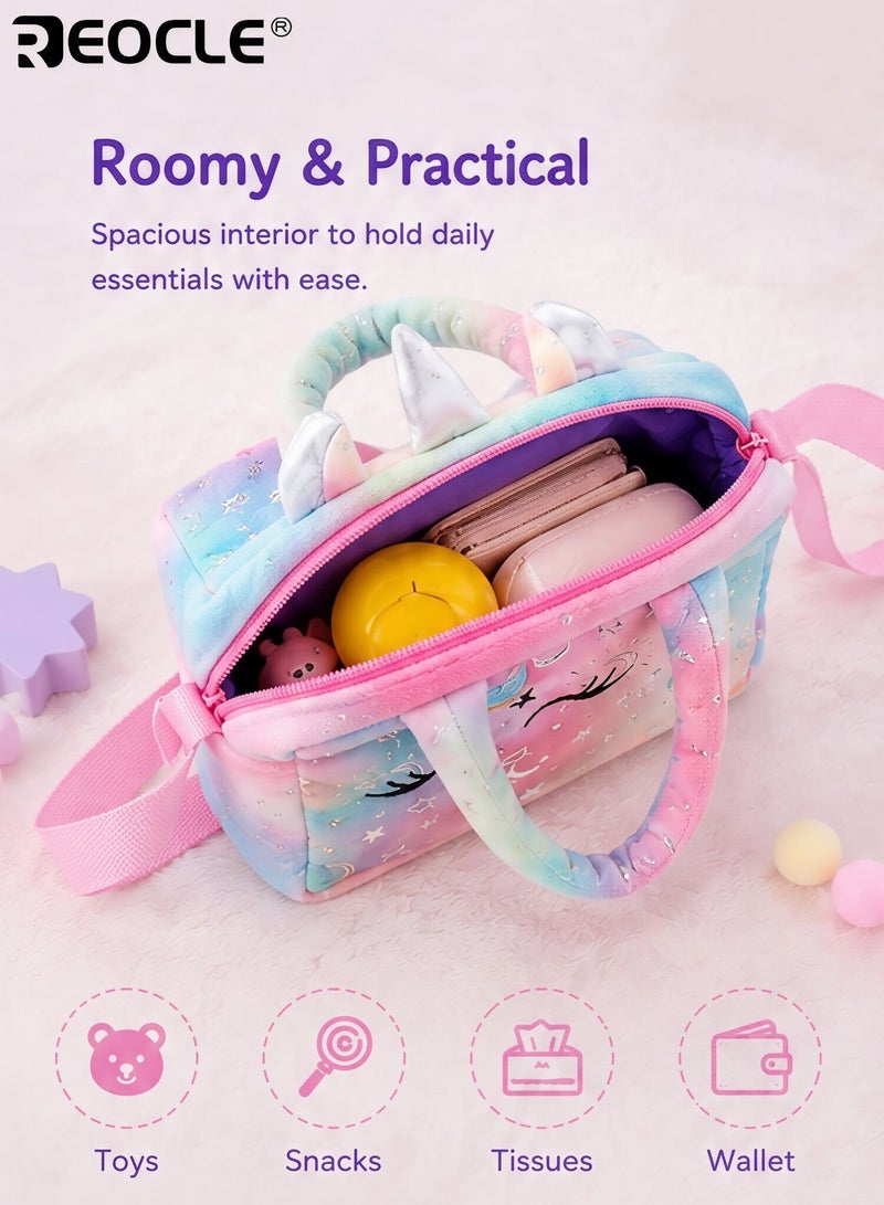 REOCLE Girl's Cartoon Unicorn Messenger or Hand-Held Bag Equipped with Adjustable Shoulder Straps and Hand Straps Easy Zipper Closure PP Cotton Filling Perfect for Birthday Presents - Image 3