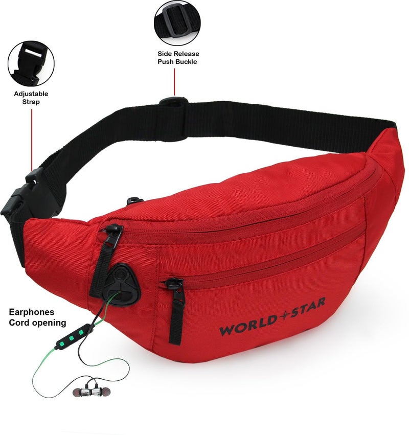 WORLD STAR Polyester Waist Pack Travel Handy Hiking Zip Pouch Document Money Phone Belt Sport Bag for Men and Women and Adult | Red-1 | Rock red Waist Bag - Image 2