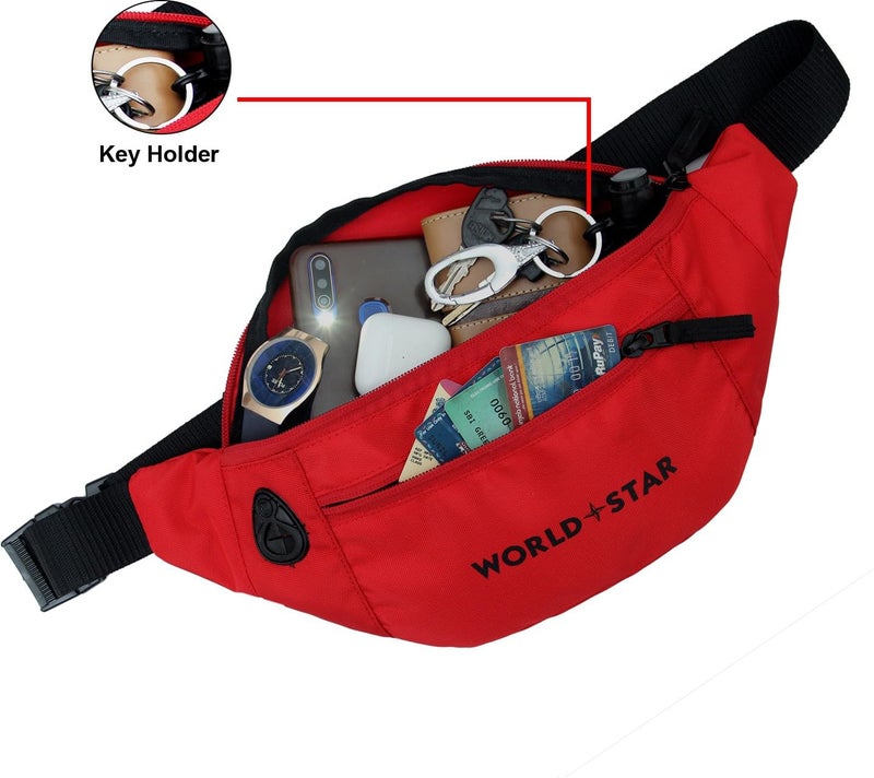WORLD STAR Polyester Waist Pack Travel Handy Hiking Zip Pouch Document Money Phone Belt Sport Bag for Men and Women and Adult | Red-1 | Rock red Waist Bag - Image 5