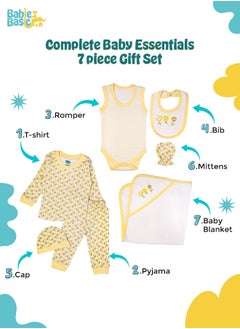 Babies Basic 7 Piece Unisex 100% Cotton Gift Set Include Bib, Blanket, Mitten, Cap, Romper, Top And Bottom Set, Yellow  - Image 3