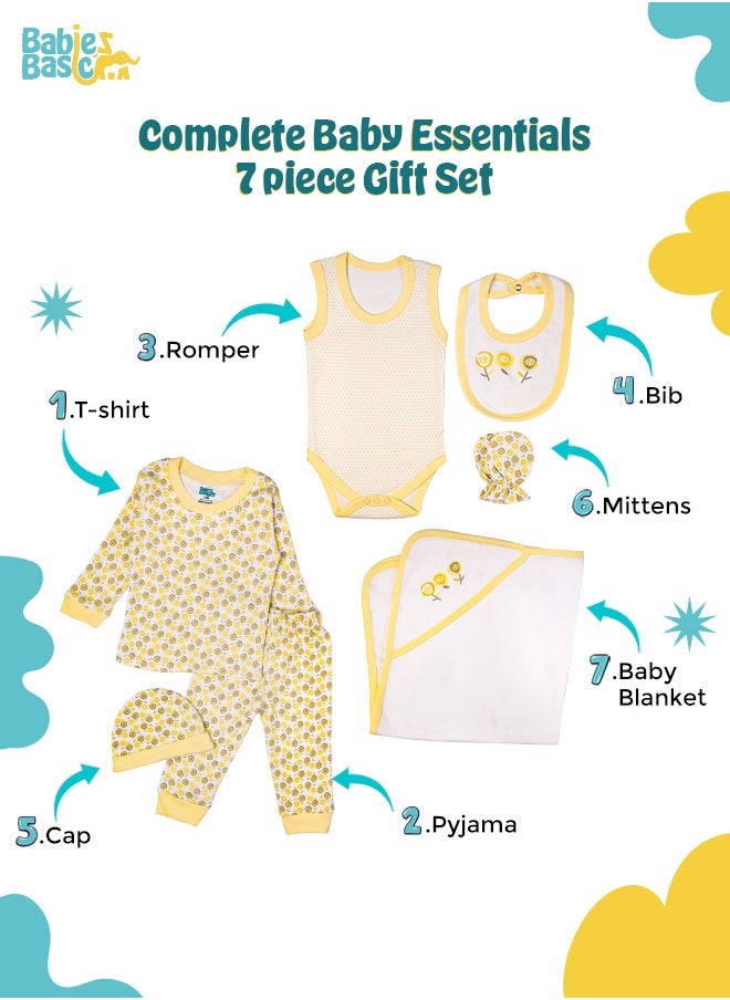 Babies Basic 7 Piece Unisex 100% Cotton Gift Set Include Bib, Blanket, Mitten, Cap, Romper, Top And Bottom Set, Yellow  - Image 3