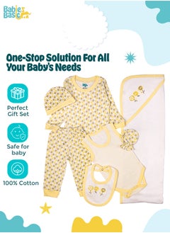 Babies Basic 7 Piece Unisex 100% Cotton Gift Set Include Bib, Blanket, Mitten, Cap, Romper, Top And Bottom Set, Yellow  - Image 2