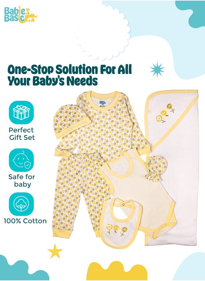 Babies Basic 7 Piece Unisex 100% Cotton Gift Set Include Bib, Blanket, Mitten, Cap, Romper, Top And Bottom Set, Yellow  - Image 2