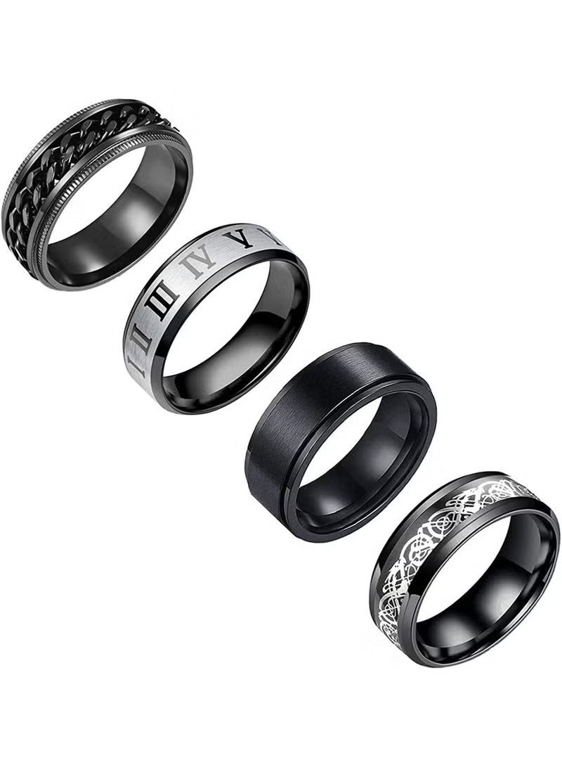 خواتم ريترو، 4 قطع من خواتم الشريط العادي للرجال، خواتم الفولاذ المقاوم للصدأ للرجال، خاتم الزفاف، خواتم الدوارة الرائعة للرجال، مجموعة خواتم الفولاذ المقاوم للصدأ الأسود، خاتم القلق، عرض 8 مم - Image 1
