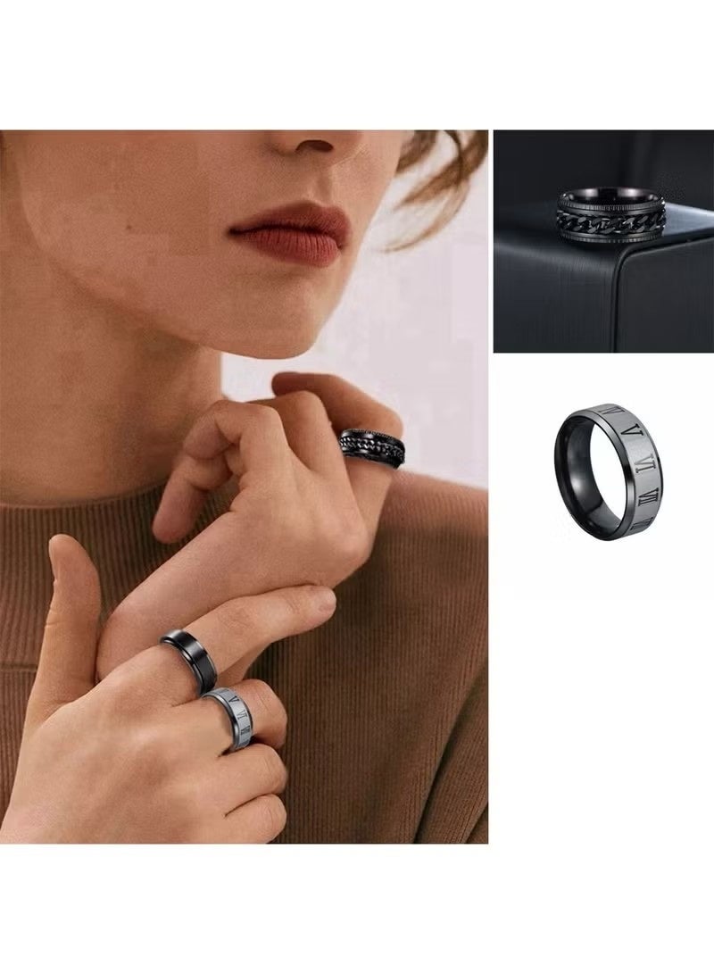 خواتم ريترو، 4 قطع من خواتم الشريط العادي للرجال، خواتم الفولاذ المقاوم للصدأ للرجال، خاتم الزفاف، خواتم الدوارة الرائعة للرجال، مجموعة خواتم الفولاذ المقاوم للصدأ الأسود، خاتم القلق، عرض 8 مم - Image 2
