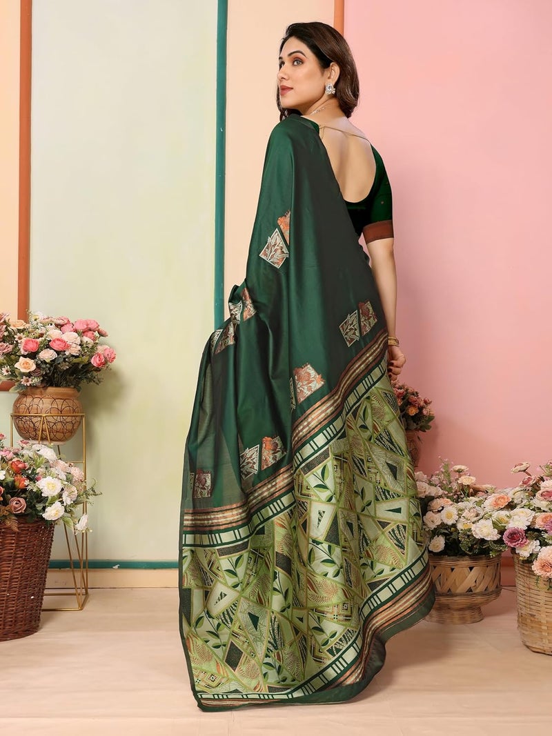 Sidhidata Women's Kanjivaram Banarasi Soft Silk Saree in Bottle Green with Unstitched Blouse Piece - Image 2