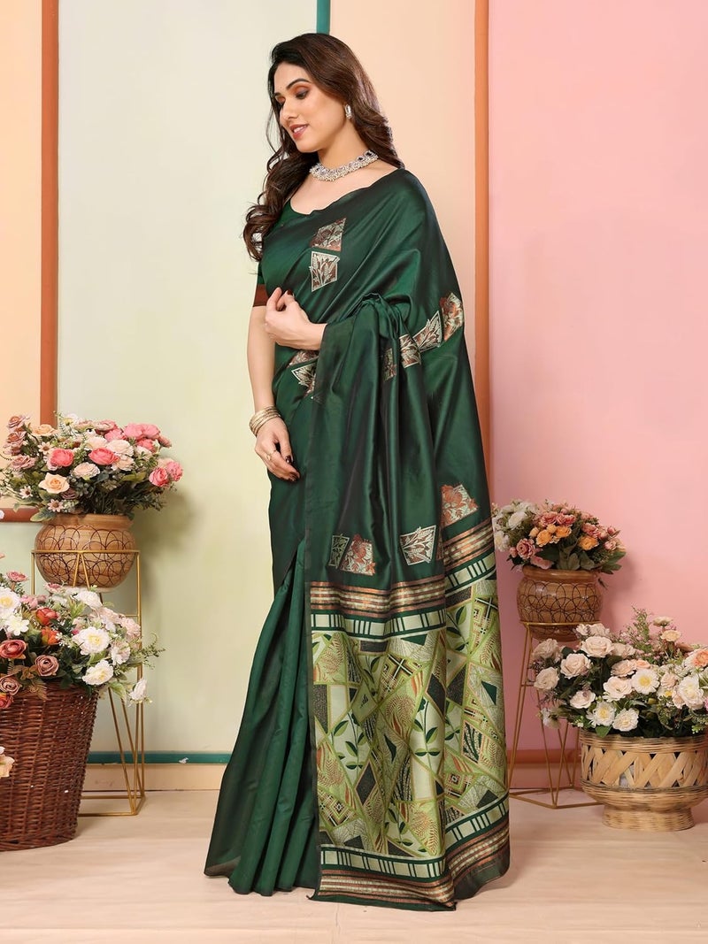 Sidhidata Women's Kanjivaram Banarasi Soft Silk Saree in Bottle Green with Unstitched Blouse Piece - Image 3