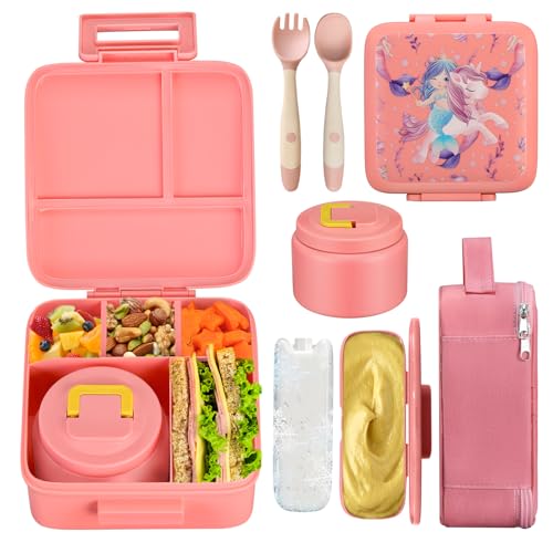 JXXM Bento Lunch Box for Kids With 8oz Soup Thermo,Leak-proof Lunch Containers with 5 Compartment,Thermo Food Jar and Lunch Bag, Food Containers for School (A-Pink（Unicorn - Mermaid）) - Image 1