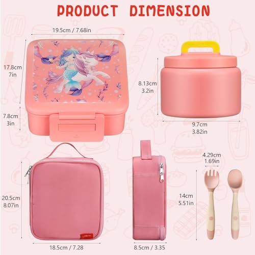 JXXM Bento Lunch Box for Kids With 8oz Soup Thermo,Leak-proof Lunch Containers with 5 Compartment,Thermo Food Jar and Lunch Bag, Food Containers for School (A-Pink（Unicorn - Mermaid）) - Image 5