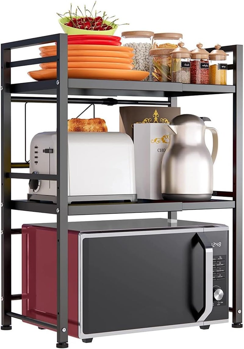 Jorunb Microwave Oven Rack with 6 Hook,Expandable Microwave Shelf for Kitchen Counter, Microwave Stand Countertop Organizer for Kitchen Counter (3 TIER) - Image 1
