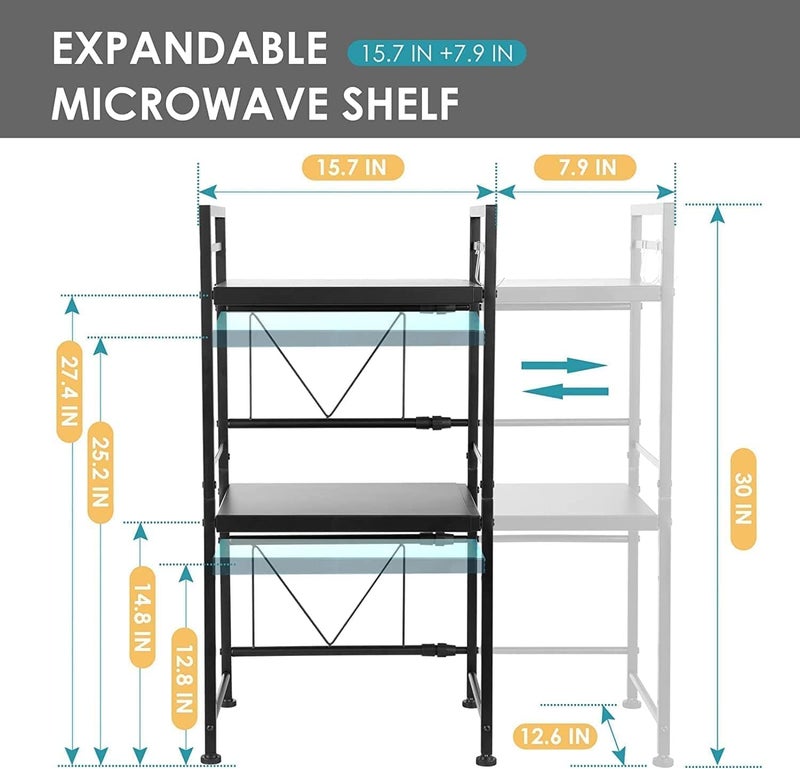 Jorunb Microwave Oven Rack with 6 Hook,Expandable Microwave Shelf for Kitchen Counter, Microwave Stand Countertop Organizer for Kitchen Counter (3 TIER) - Image 3