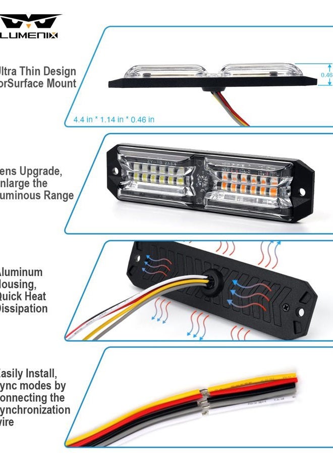 LUMENIX Grille Strobe Light Kits for Trucks, 12-LED Surface Mount Ultra Slim Emergency Hazard Warning Lights Head for Construction Vehicles Cars - White Amber - Image 2