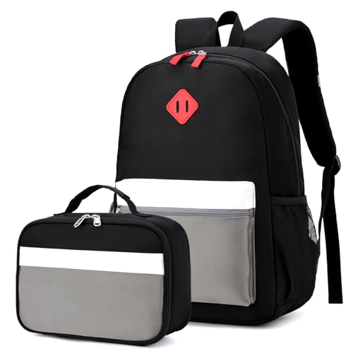 BEFUNIRISE Backpack Set for Girls Boy Kids Backpack with Lunch Box for Elementary Primary Kindergarten School Bag (Black Grey Set, Large) - Image 1